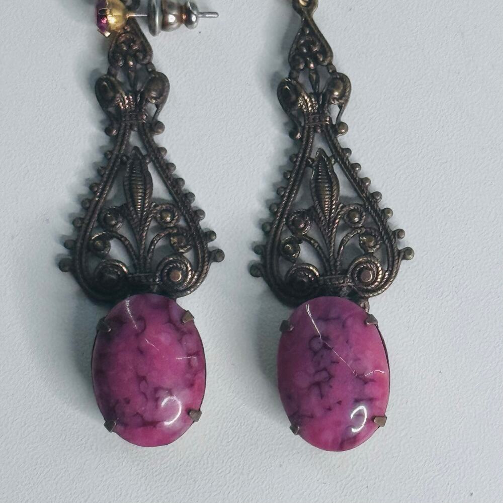 Sadie Green Vintage Dangle Earrings Pink Cabochon Gold/Brass Ornate Signed